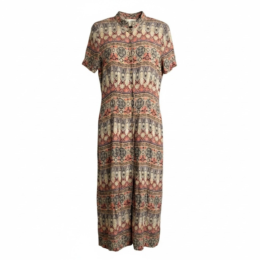RJ Stevens Carol Escritor Vintage Maxi Dress Geometric Tribal Print Button Front
